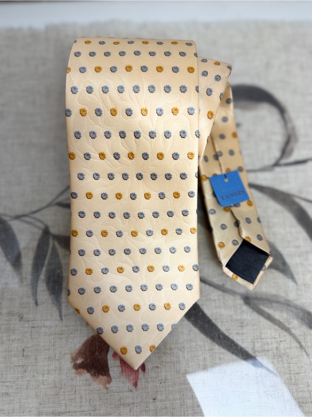 Lanvin Cream Silk Tie with Gold and Gray Dot Motif